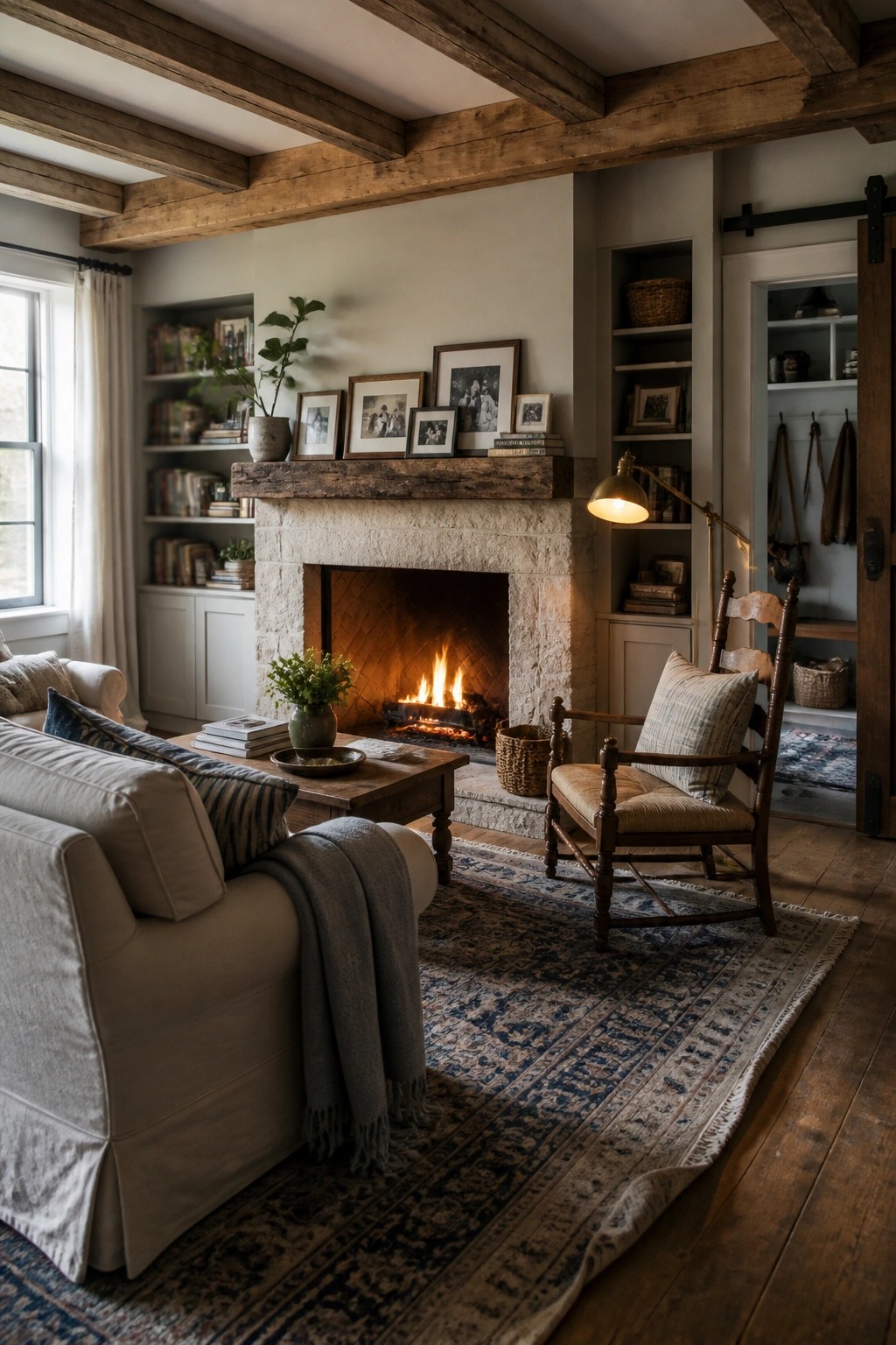 Cozy living room with stone fireplace, wooden beams, sofa, and rocking chair.