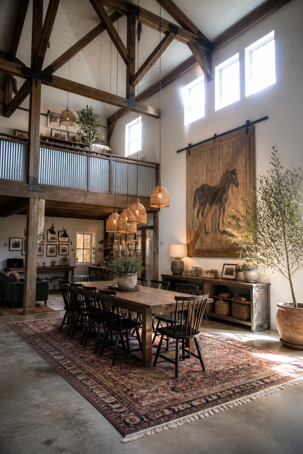 A large open farmhouse interior with a wooden dining table, black spindle chairs, woven pendant lights, and a high ceiling of exposed dark wooden beams, plus a sliding barn door on the right wall.