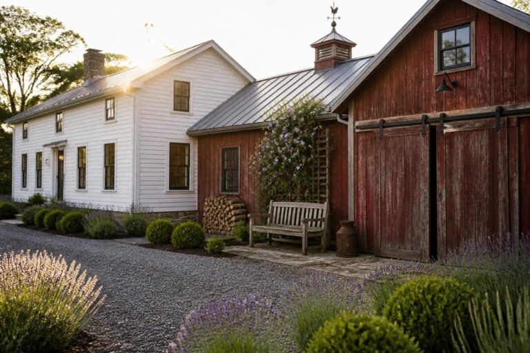 A white farmhouse attached to a red wooden barn with a gravel path, bench, and flowering plants in front.