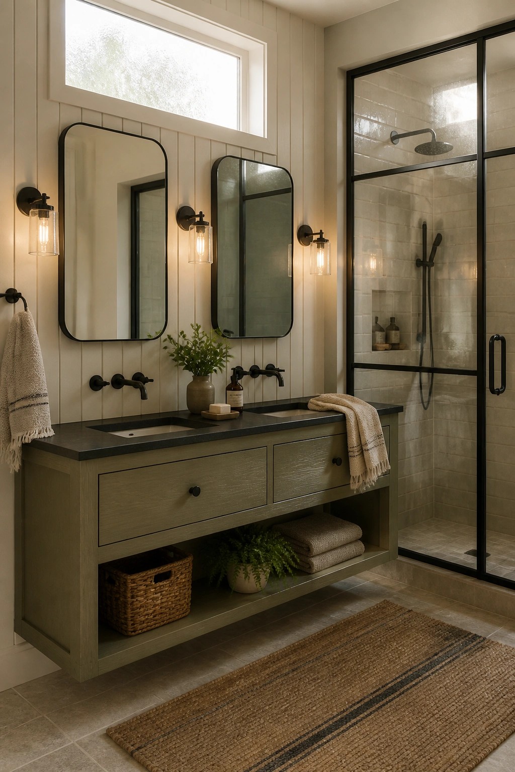 A bathroom interior featuring a floating sage green double vanity with black countertop, two black-framed mirrors, wall sconces, and an open lower shelf holding baskets, folded towels, and plants, next to a glass-enclosed shower.