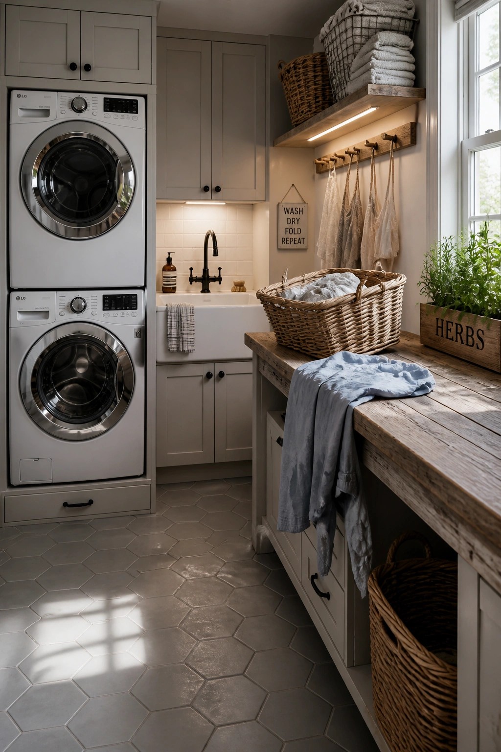 A farmhouse laundry room featuring stacked LG washer and dryer units, a white utility sink, a wooden countertop with a folded blue shirt, hanging storage, and woven baskets.