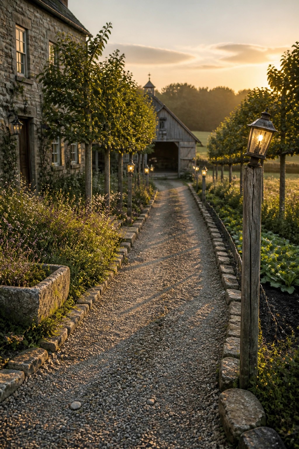 A gravel path with stone edging and wooden lantern posts runs from a stone house toward a wooden barn at sunset.