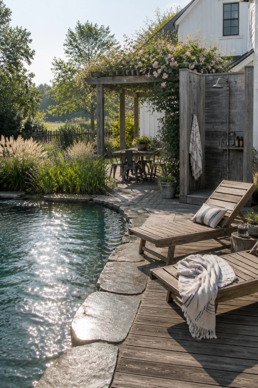 Lounge chairs on wooden deck by natural pool with outdoor shower and pergola