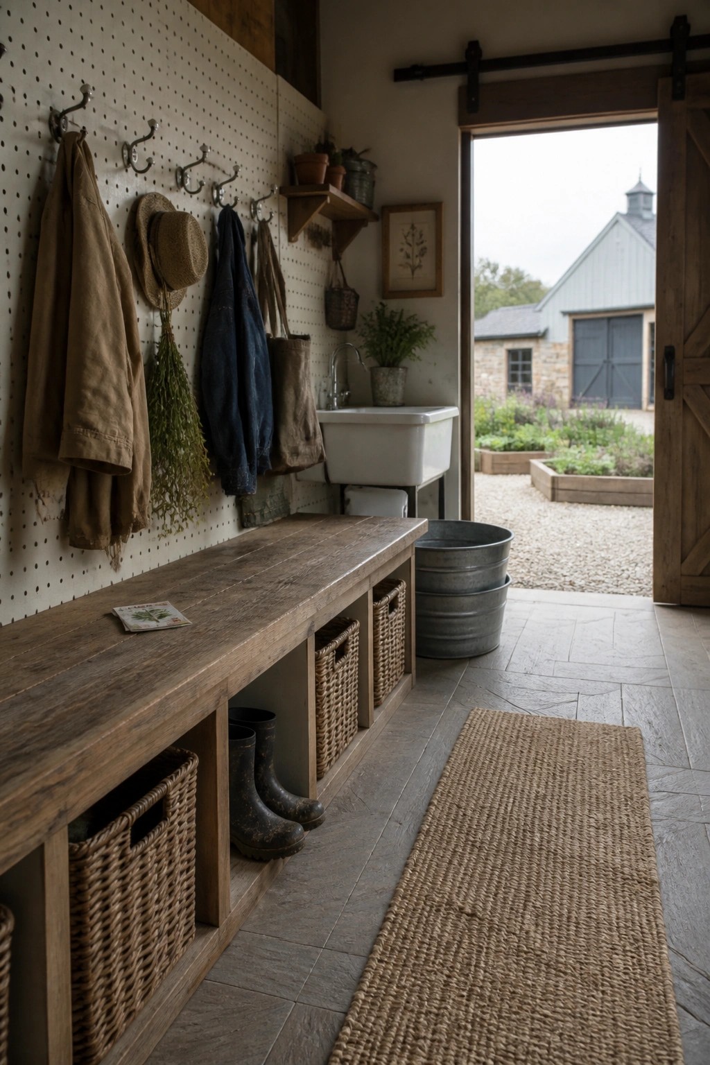 Interior view of a farmhouse mudroom with a white pegboard wall holding coats, hats, and bags, a wooden bench with baskets and boots below, a white sink, and an open door to a garden and barn.