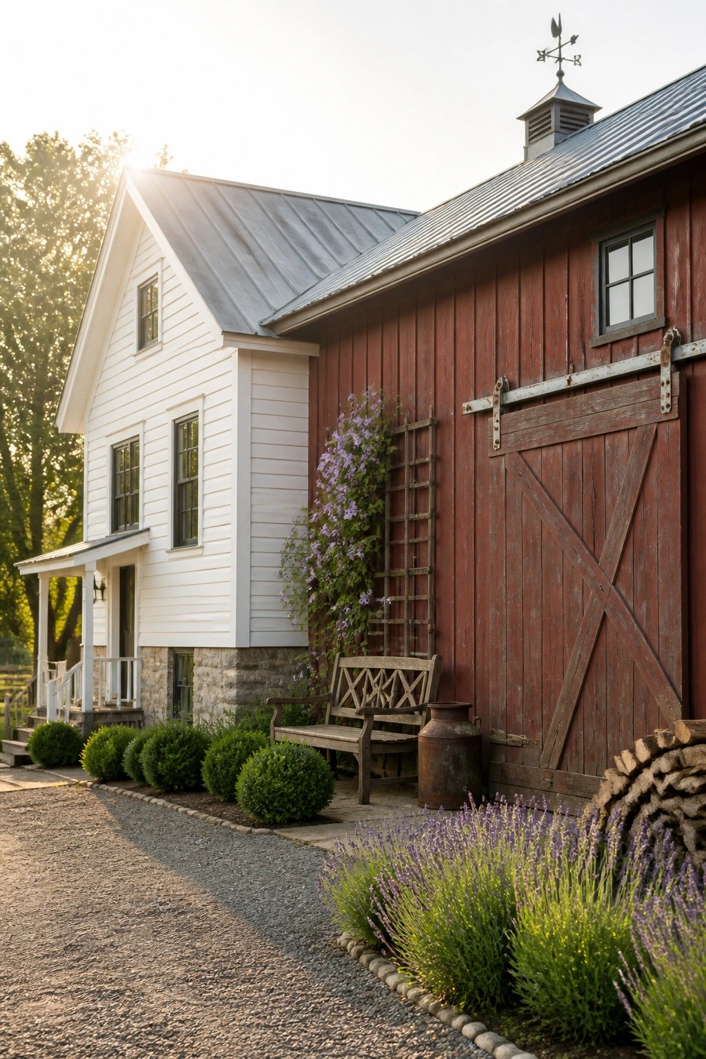 A white farmhouse attached to a red wooden barn with a gravel path, bench, and flowering plants in front.