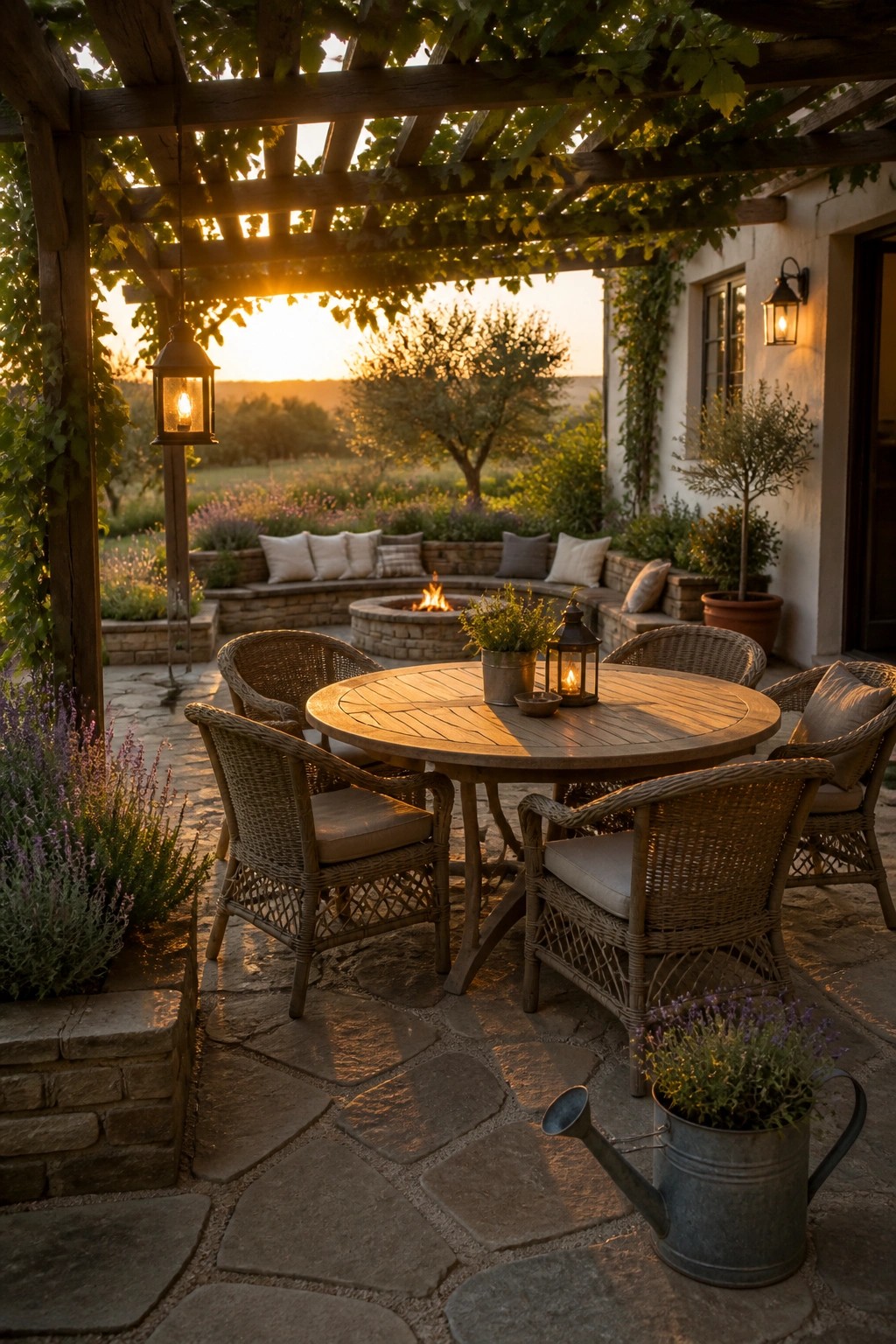 A round wooden dining table with wicker chairs on a stone patio under a vine-covered wooden pergola, with a fire pit and cushioned bench seating visible in the background.