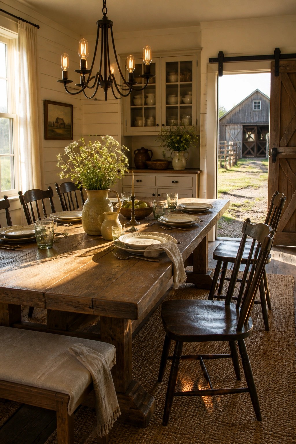 A rustic dining room with a long wooden table set with plates and glassware, an open sliding barn door on the right, and a view of a barn outside.