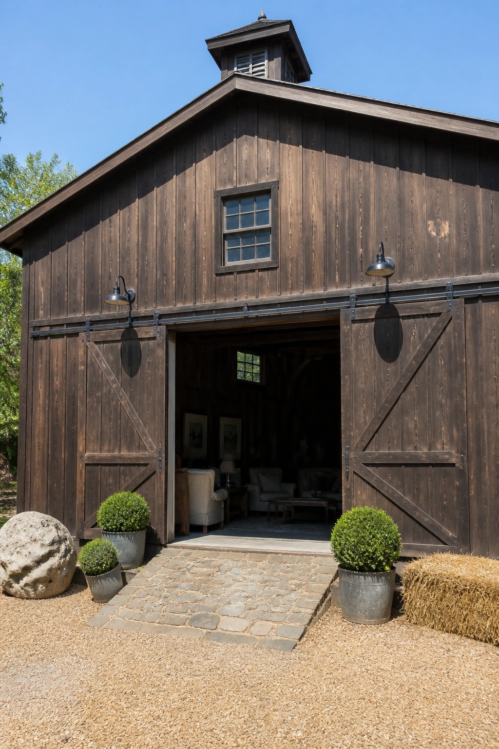 A dark wooden barn with large sliding barn doors open to reveal a furnished interior, flanked by wall sconces, potted shrubs, and a cobblestone path.
