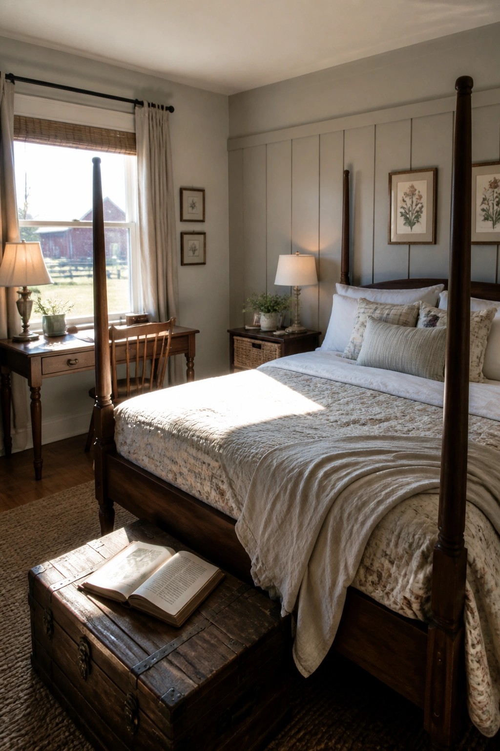 A bedroom with soft gray walls, a dark wood four-poster bed with neutral linens, a wooden desk by the window, and a trunk at the foot of the bed.