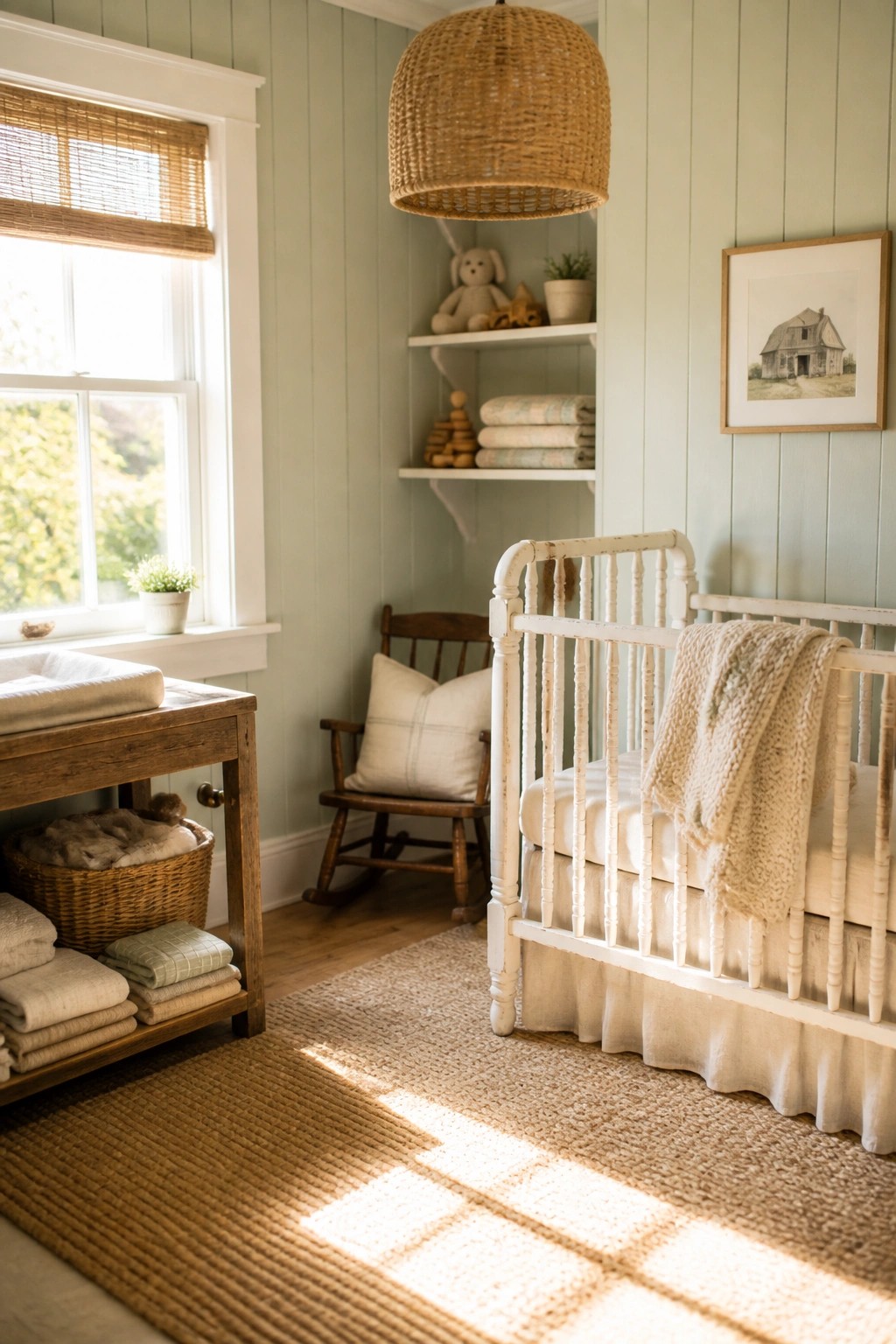 A nursery interior with sage green walls, a white crib, a wooden rocking chair, built-in corner shelves, and a window with a woven shade.