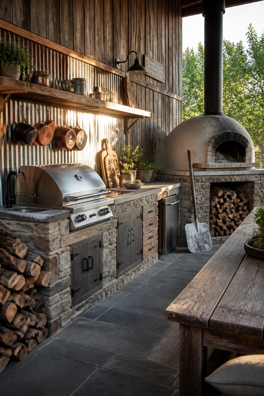 An outdoor kitchen area with a stainless steel grill mounted on a stone base, wooden cabinetry, a large stone pizza oven, and stacks of firewood along the sides.