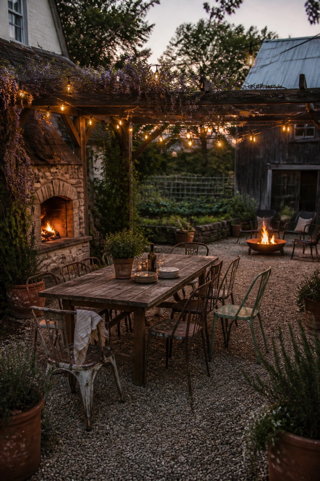 A wooden dining table with mismatched metal chairs arranged on gravel under a pergola with string lights, beside a stone fireplace and a fire pit in a rural backyard at dusk.