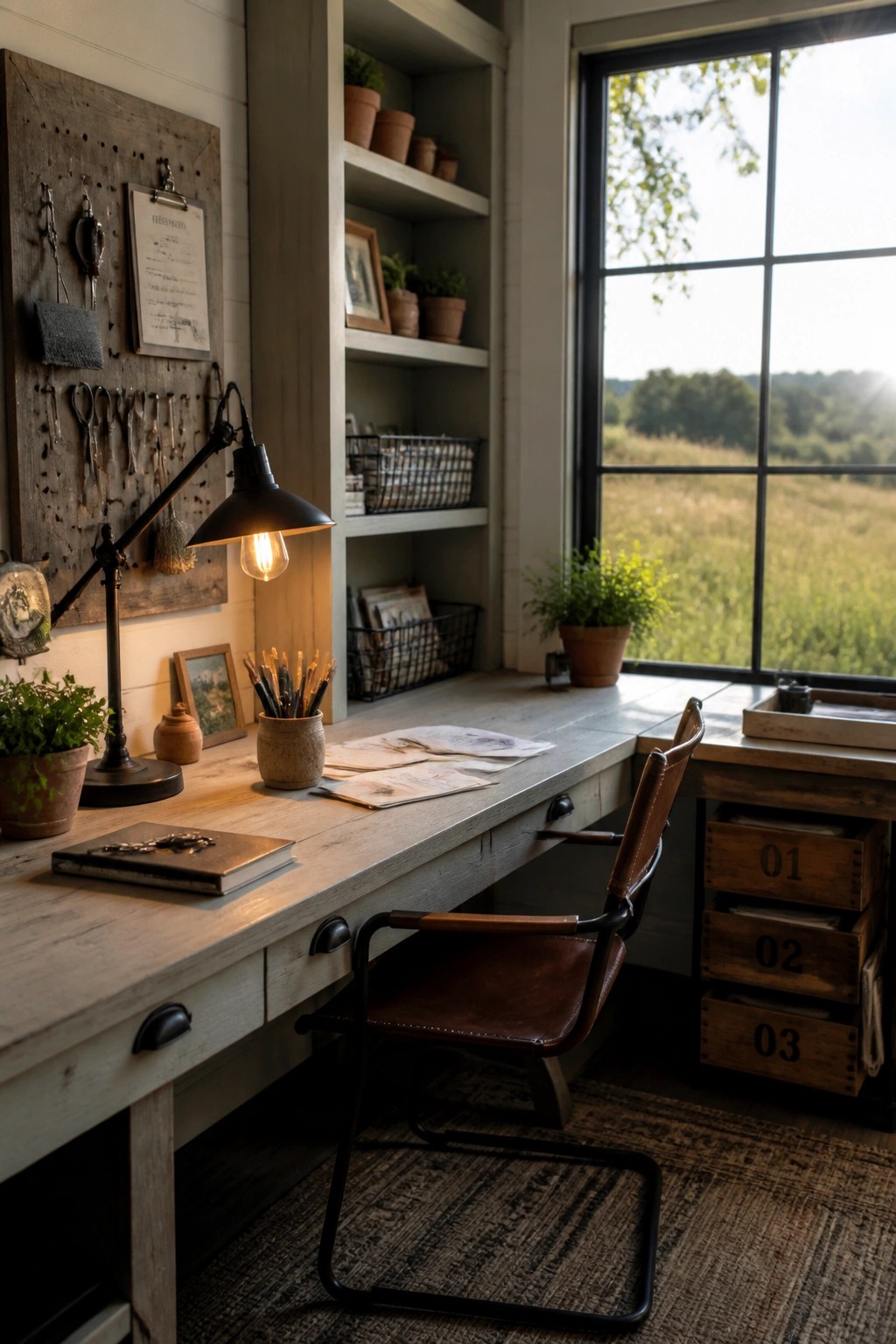 A rustic wooden desk with a lit black lamp, brown leather chair, and pegboard wall holding tools and a clipboard, next to built-in shelves and a large window.