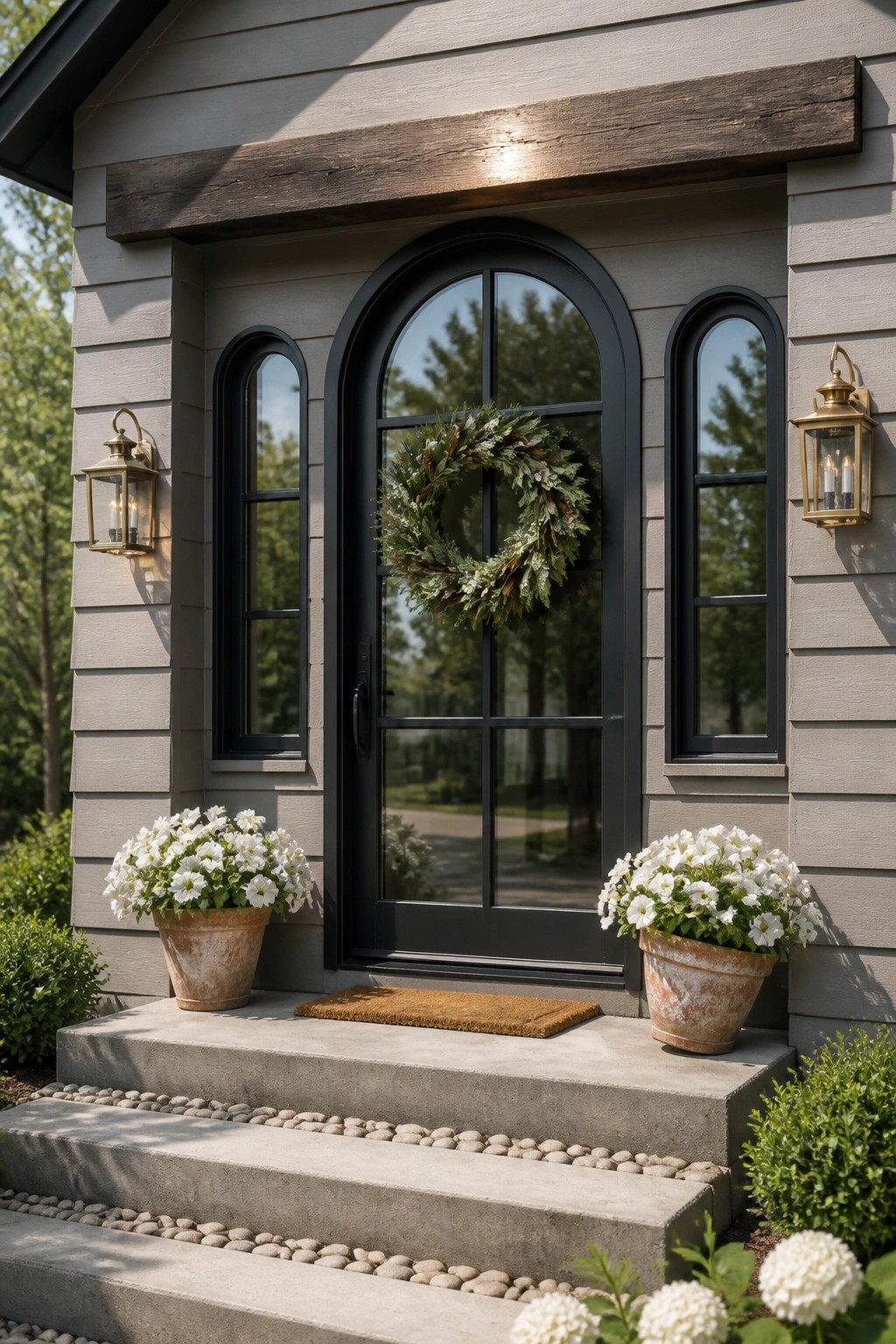 A gray house with a black arched front door that has a wreath, two lanterns on the walls, and potted white flowers on the steps.