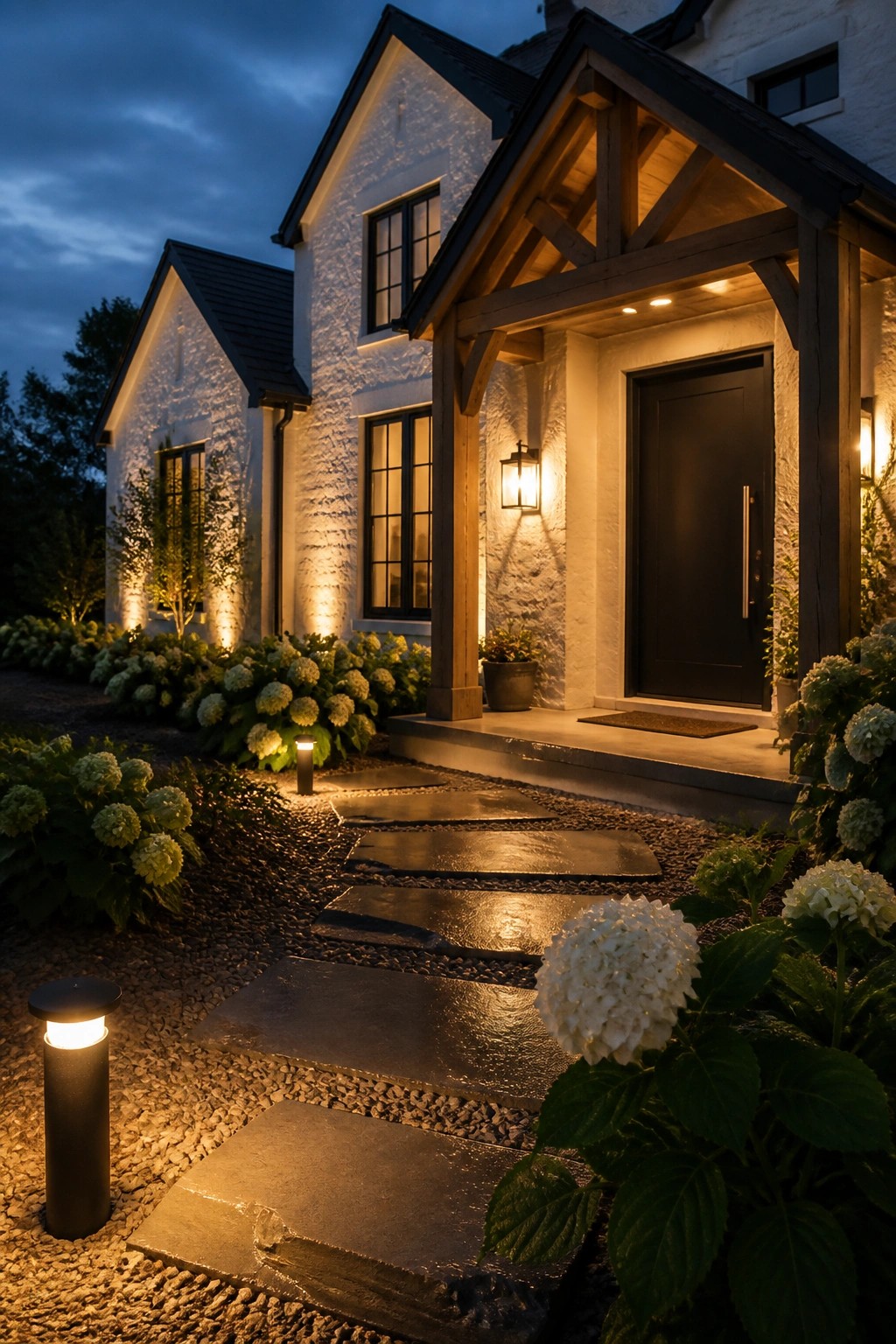 A white stucco farmhouse at dusk with a wooden gabled porch covering a black front door, a stone pathway with lights leading to the steps, and white hydrangeas along the front.