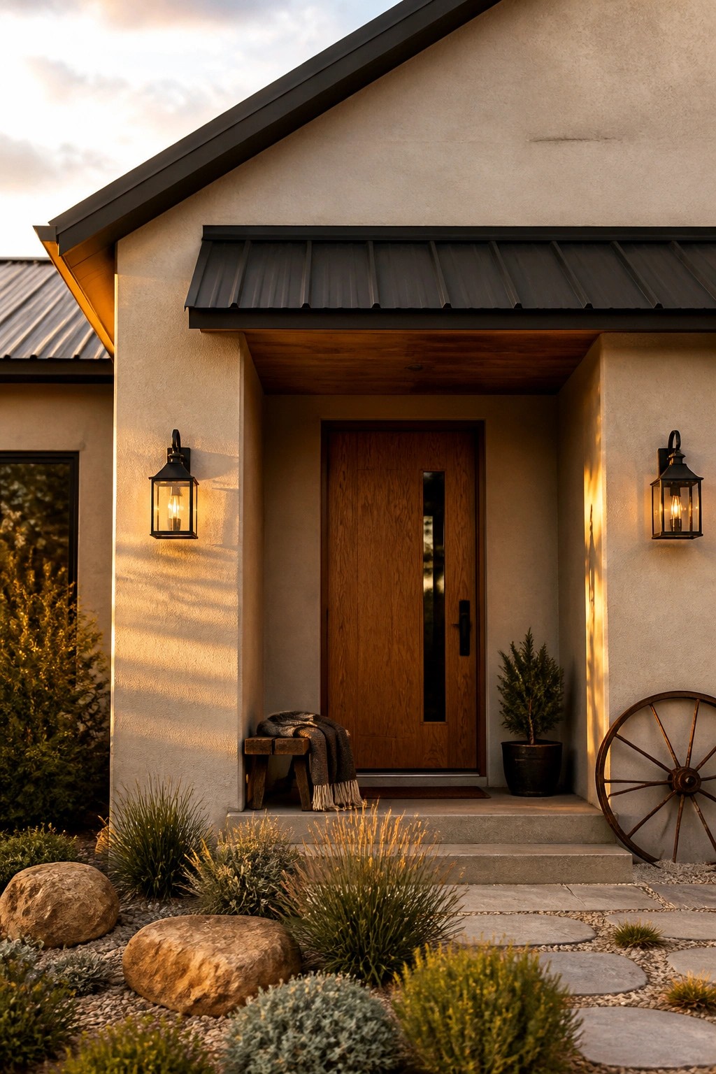 Front view of a house entry featuring a wooden door beneath a dark metal roof overhang, with black lantern sconces on both sides and stone steps leading up from a landscaped path.