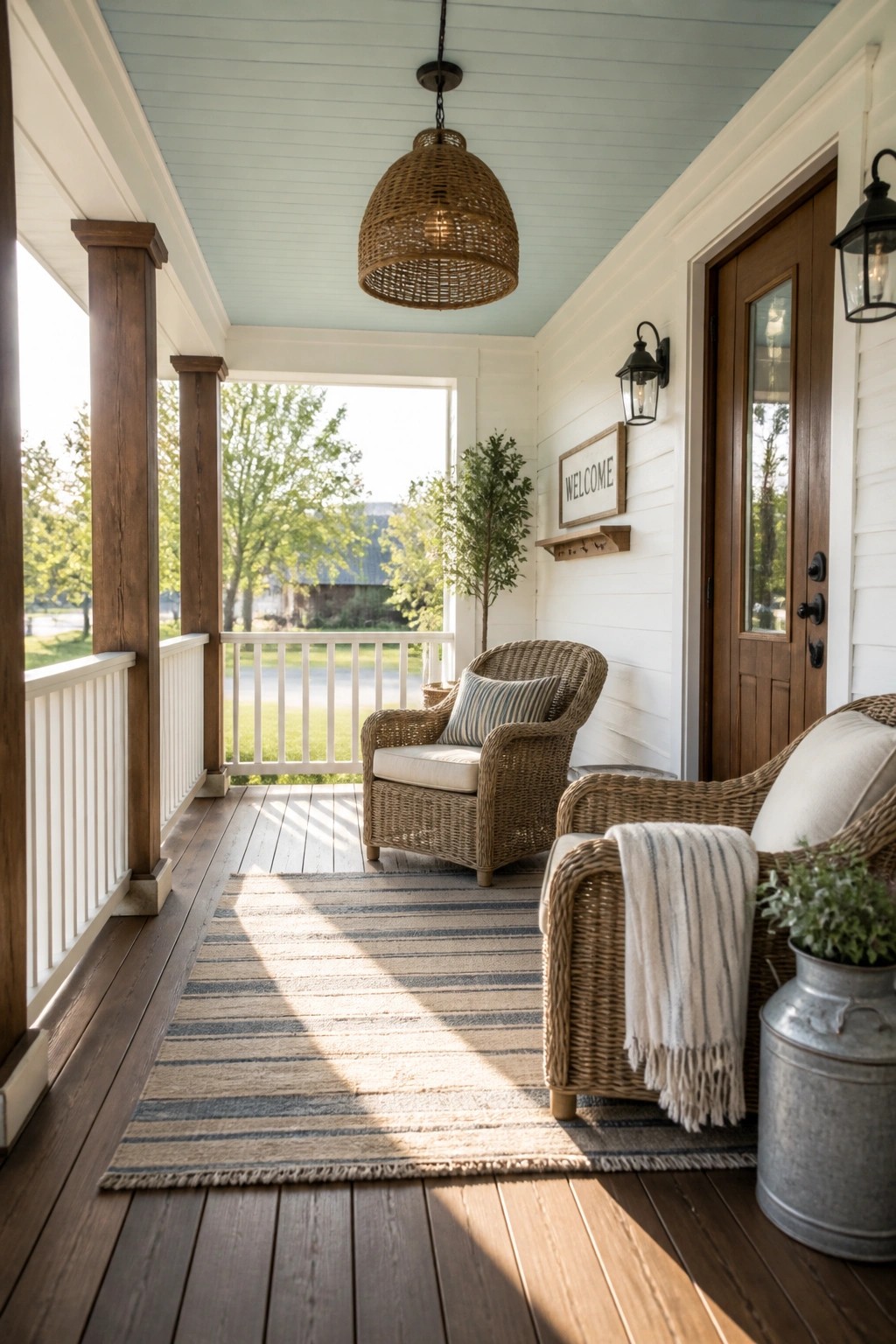 A covered front porch with dark wood flooring, two wicker chairs on a striped rug, a hanging woven light, and a wooden entry door on the right.