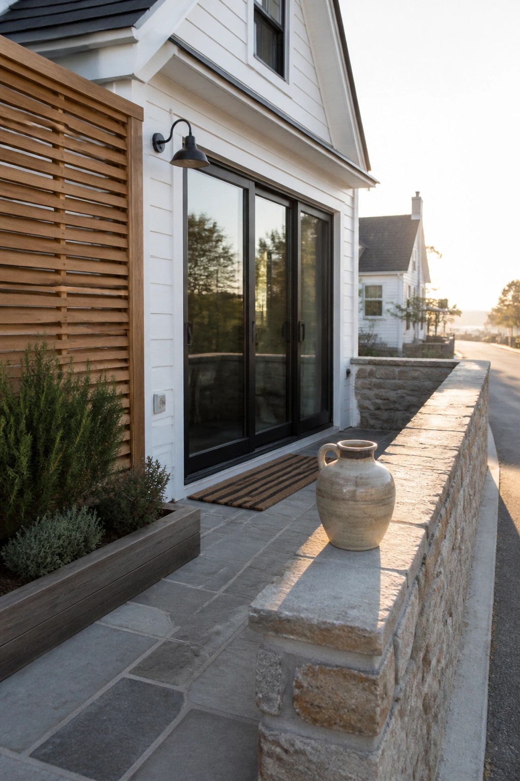 A white farmhouse exterior with black sliding glass doors, a wooden horizontal slat screen on the left side, and a stone retaining wall in front.