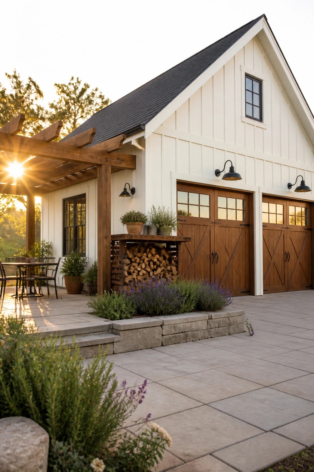 White barn with wooden doors, pergola, stacked firewood, and blooming patio garden at sunset.