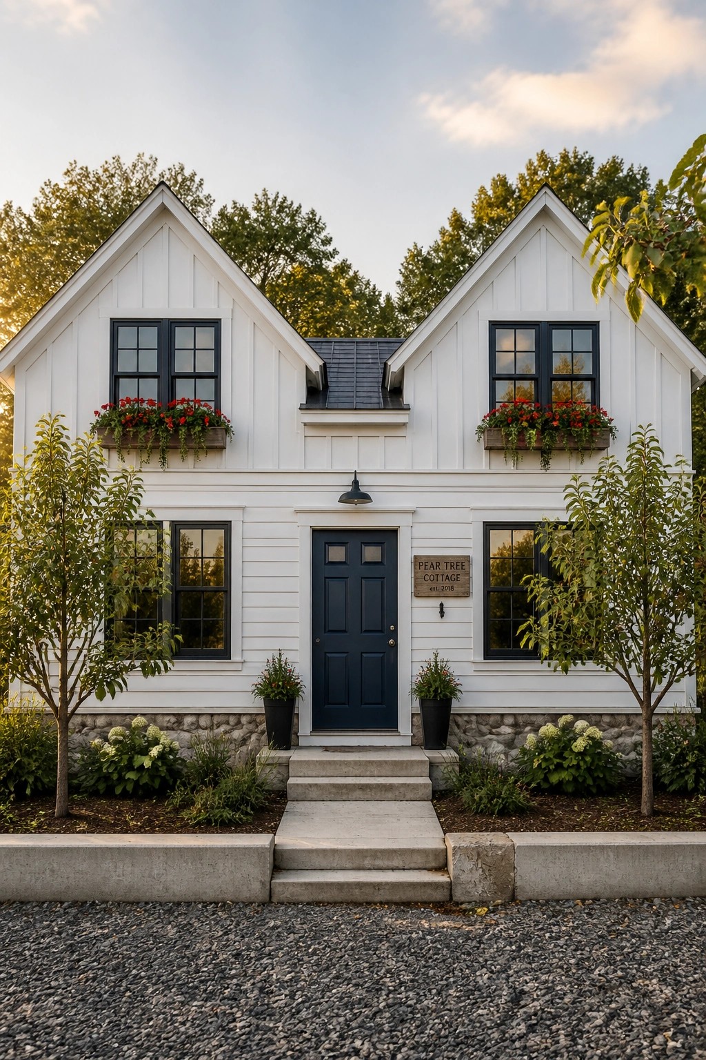 Front view of a white two-story farmhouse with two matching gabled sections, dark blue centered door, black window trim, stone foundation, and red flowers in window boxes.