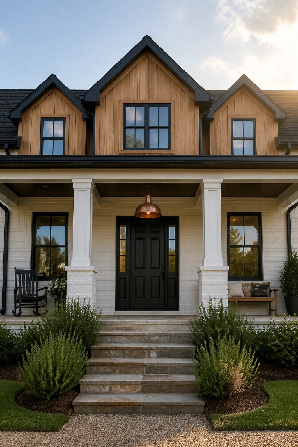 Front view of a two-story farmhouse with white brick, natural wood gables, black front door, black window frames, and a copper pendant light above the entry.