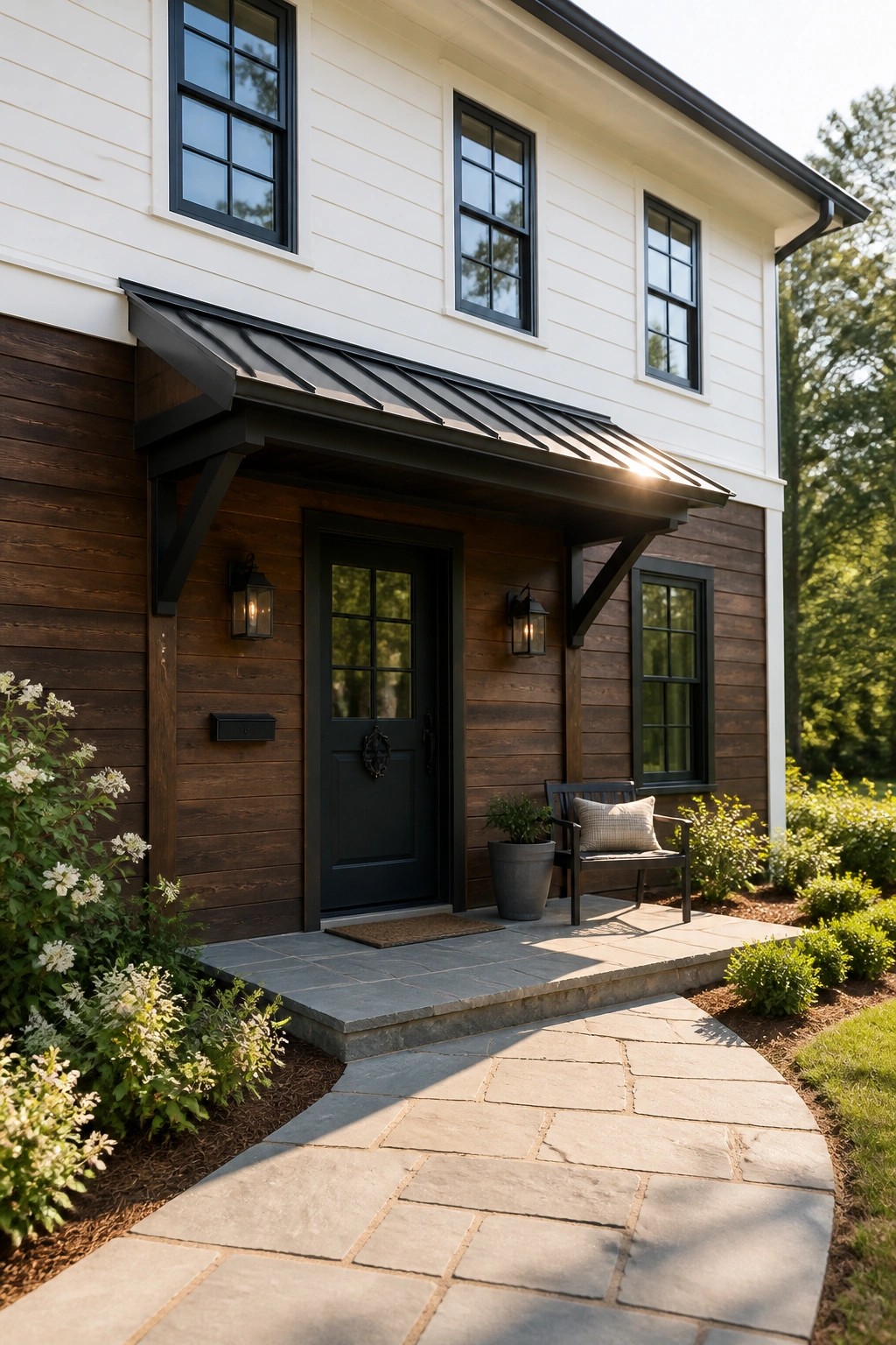 Modern farmhouse with black door, covered porch, stone path, and white blooms