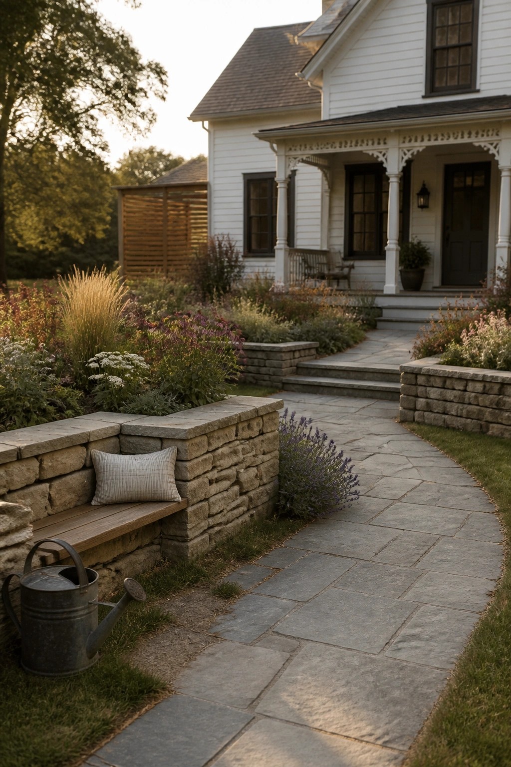 A white farmhouse exterior with a curved flagstone path, low stone retaining walls holding colorful garden beds, a wooden bench on one wall, and a metal watering can on the grass.