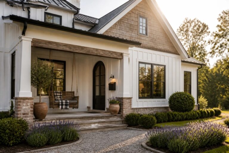 20 Smart Farmhouse Exterior Remodel Ideas for Instant Curb Appeal Farmhouse porch with white columns, black door, hanging chair, and lavender garden