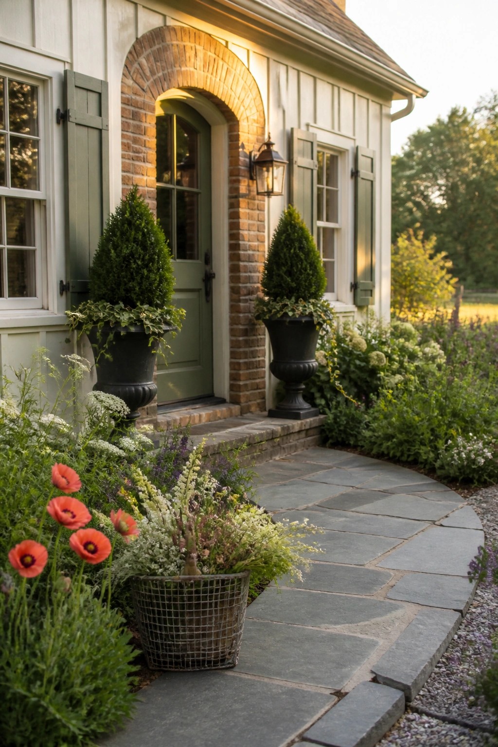 A green door under a brick arch on a white house, flanked by two tall black planters, with a curved stone path and colorful flower beds in the foreground.