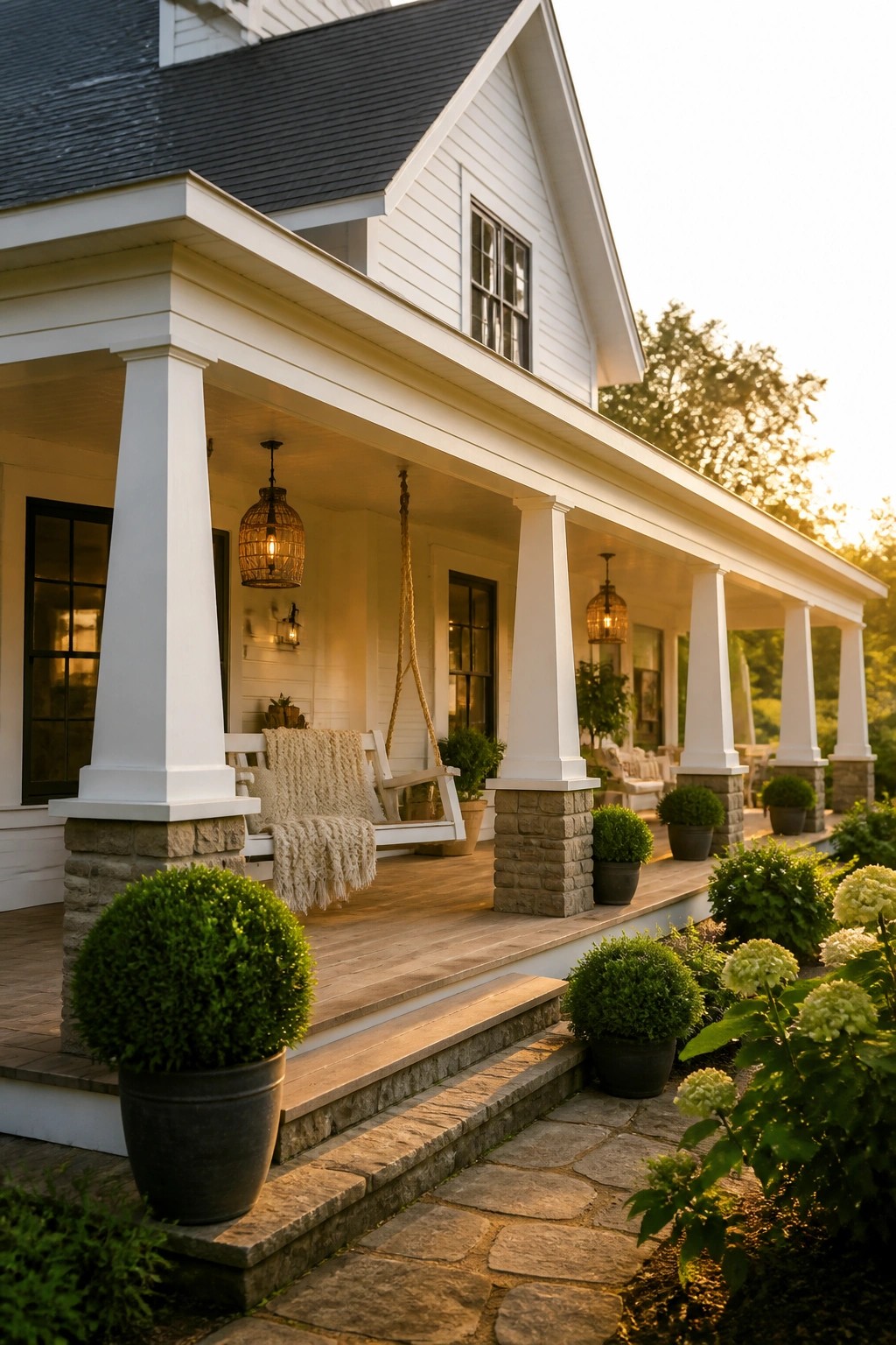 White porch with swing, lanterns, potted plants, and stone steps at sunset.