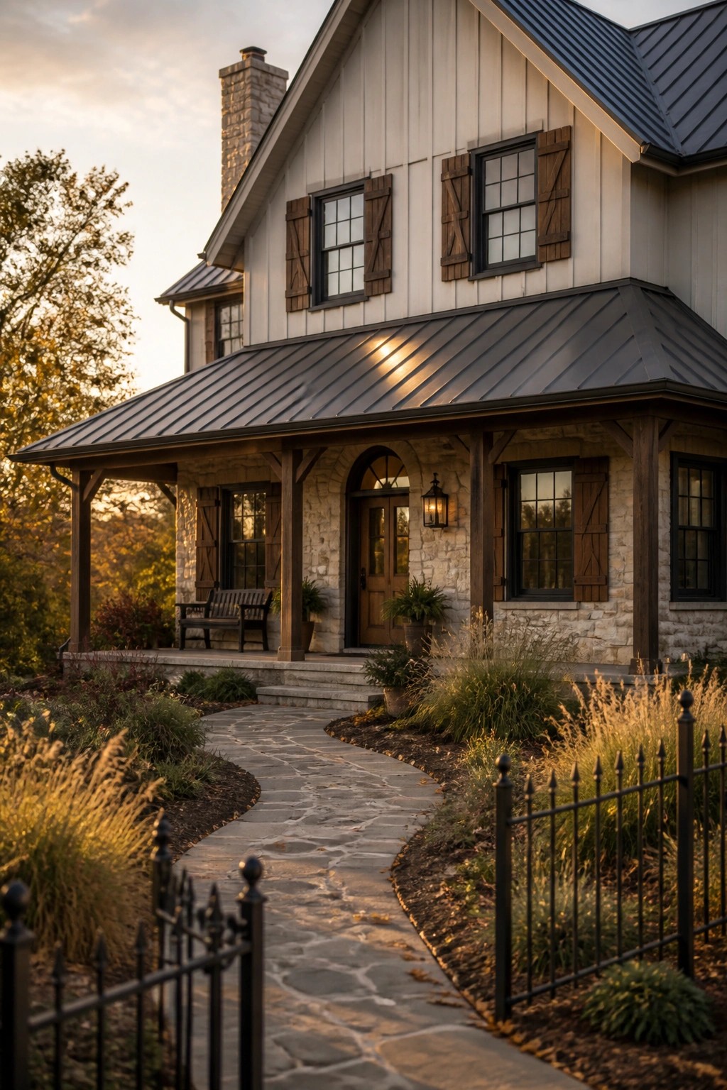 A two-story farmhouse exterior with white siding on the upper level, stone on the lower walls and porch, dark metal roof, wooden shutters, and a stone pathway leading to the front door.