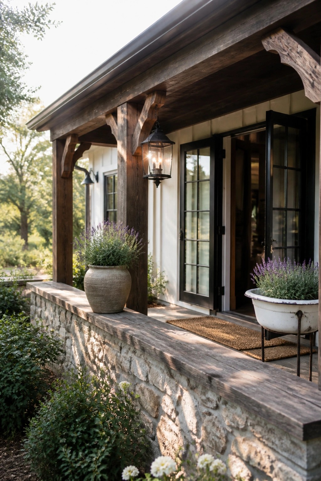 Rustic wooden porch with lavender pots, stone wall, and open black door