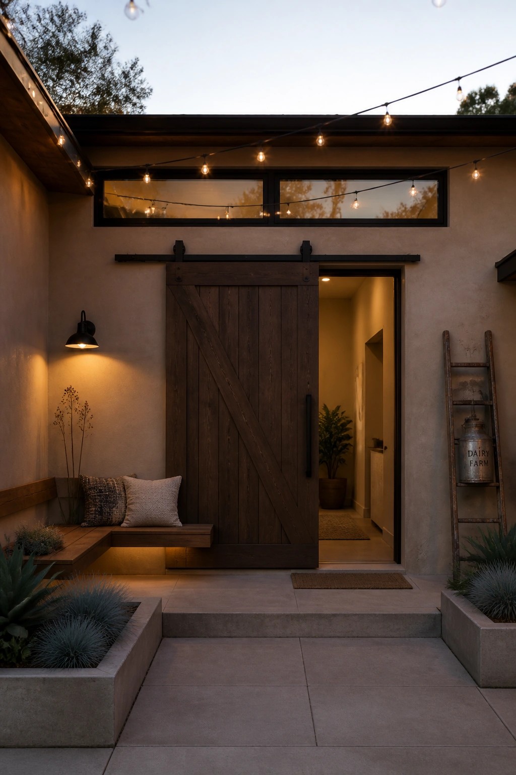 A stucco house exterior at dusk with a large dark wooden sliding barn door partially open, string lights above the entry, concrete steps, and planters with low plants on either side.