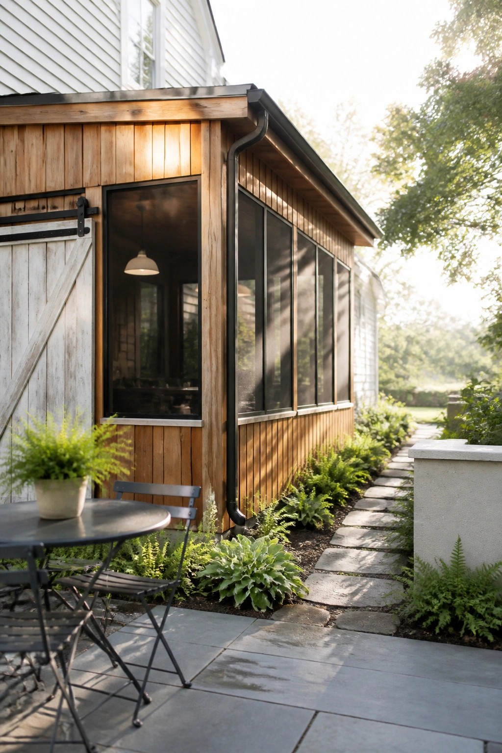 A wooden farmhouse exterior with black-framed windows, a white barn door, a stone pathway lined with ferns and hostas, and a metal patio table and chairs.