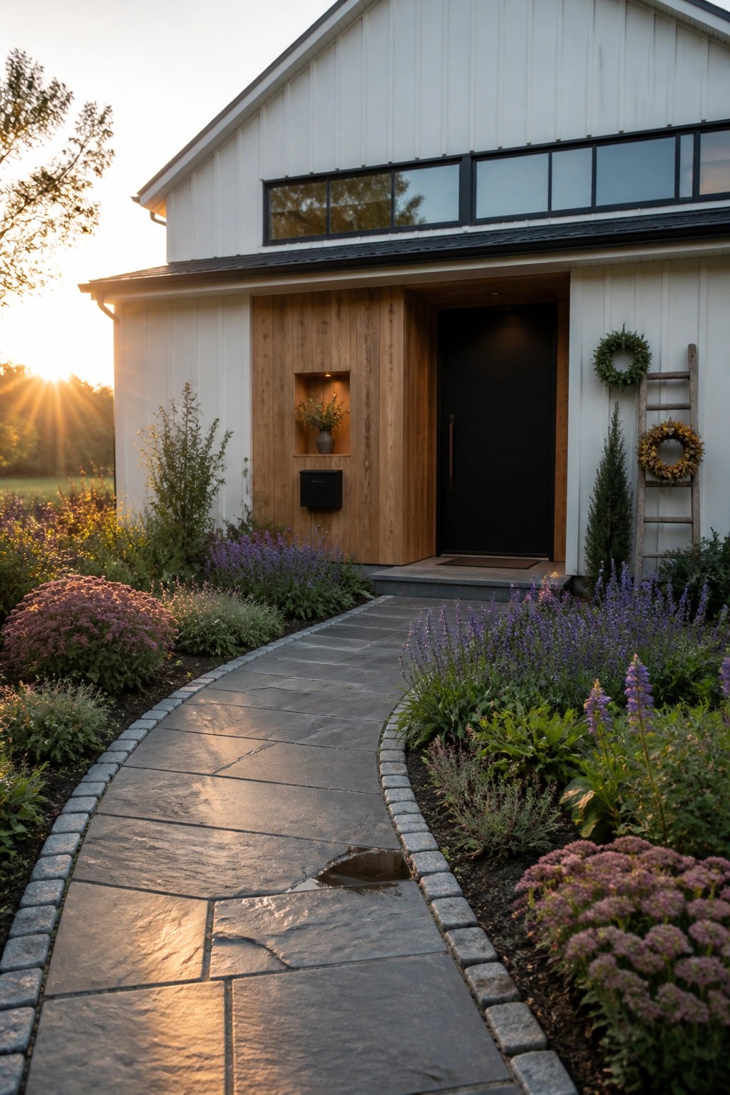 White modern farmhouse with black door, wooden accents, stone path and purple flowers at sunset.