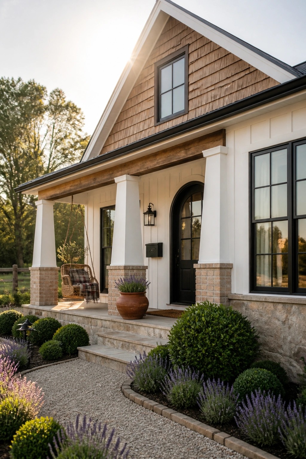 Farmhouse porch with white columns, black door, hanging chair, and lavender garden