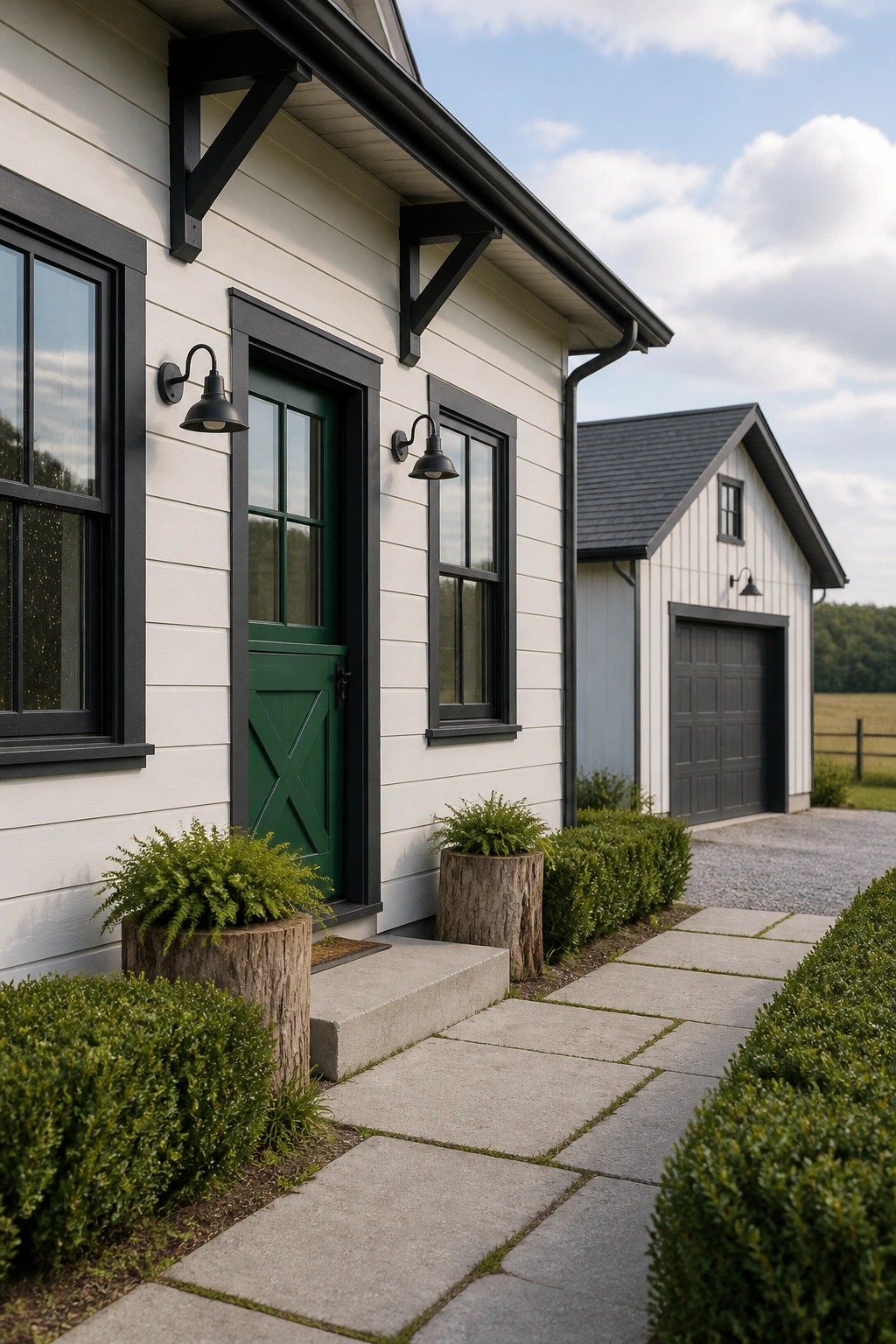 White siding on a farmhouse exterior with black trim and a green door.