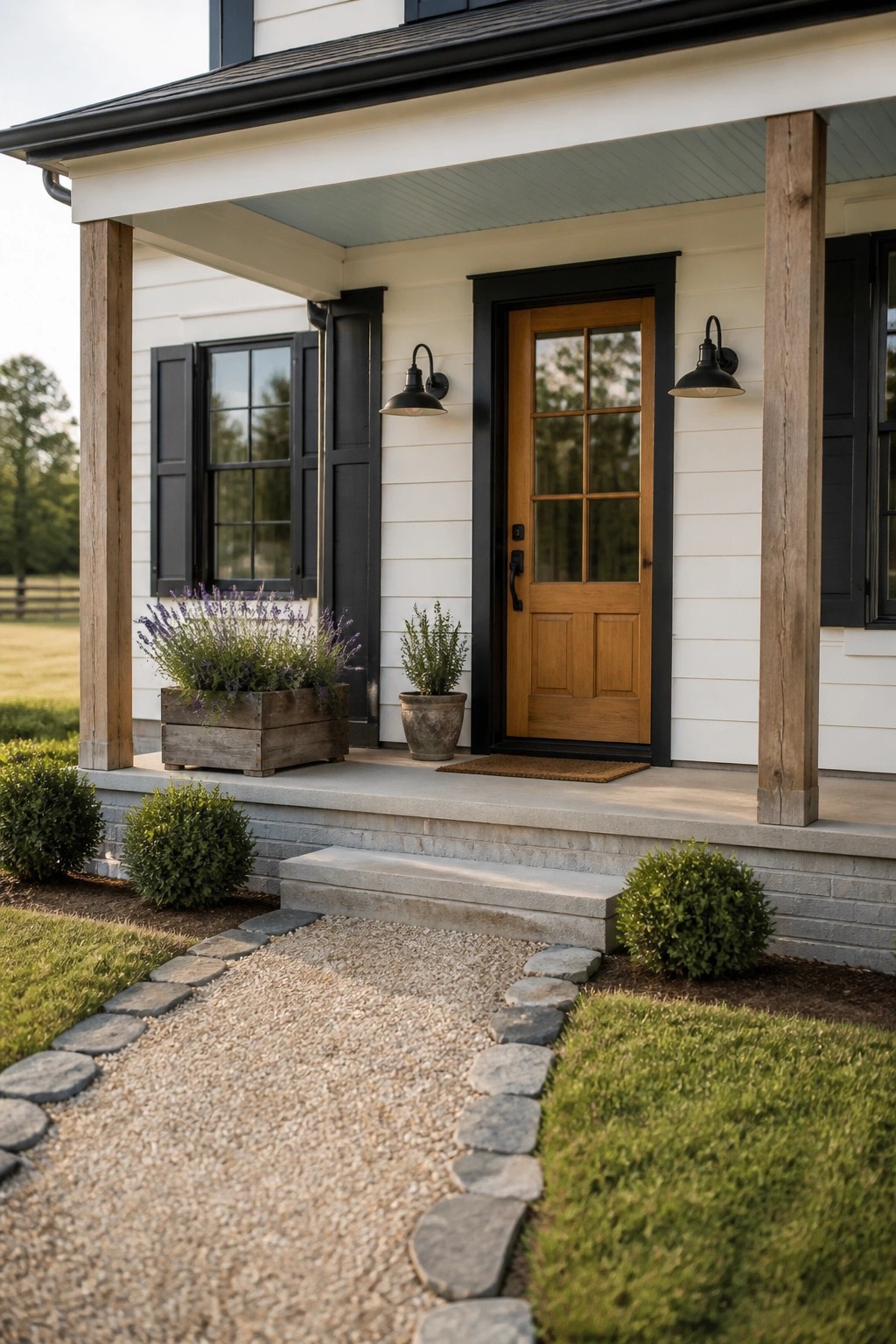 White house porch with wooden door, black lights, potted plants, and gravel path