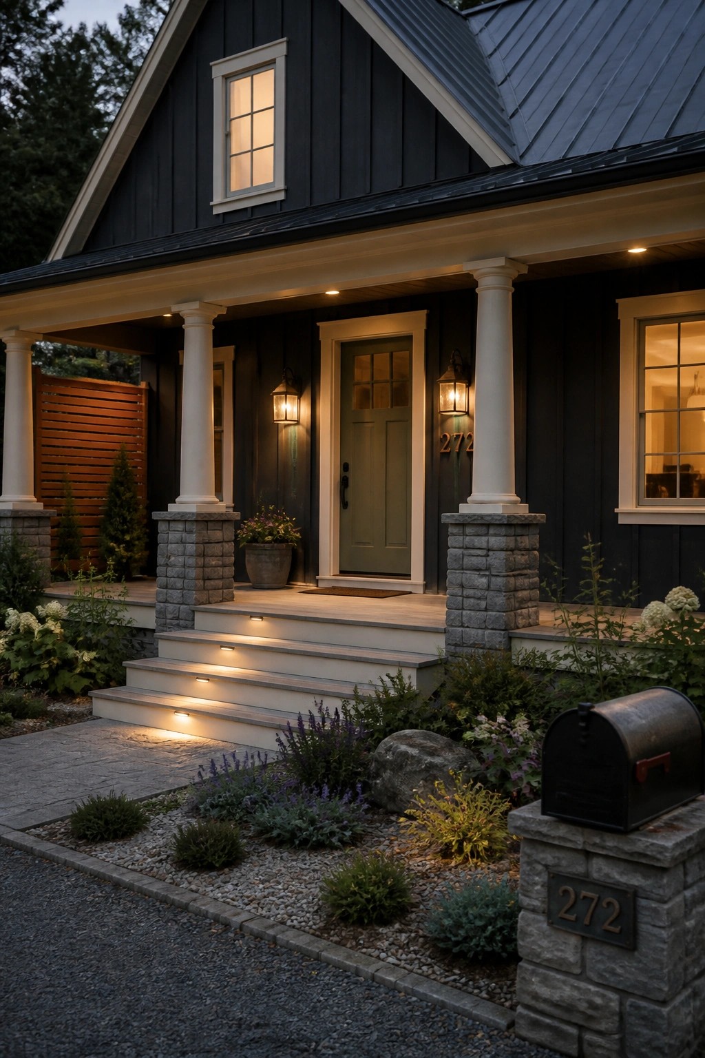 Dark house with green door, lit porch steps, stone pillars, and mailbox at dusk.
