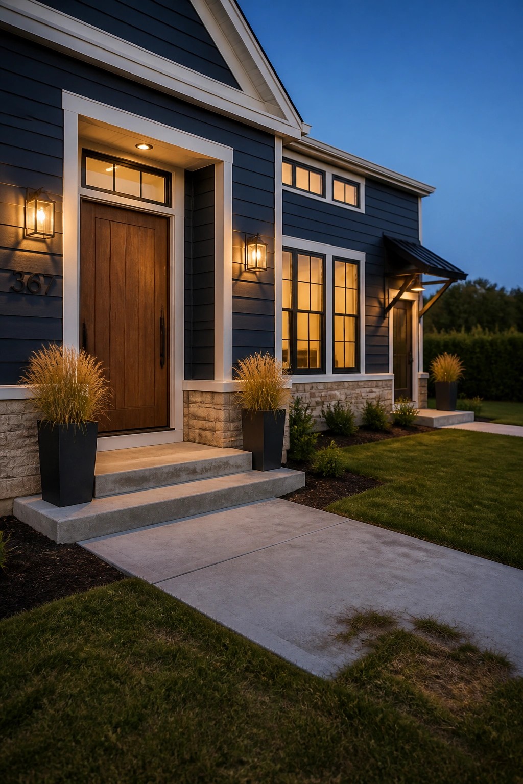 Dark blue house with wooden door, lit lanterns, concrete steps, and potted grasses at dusk