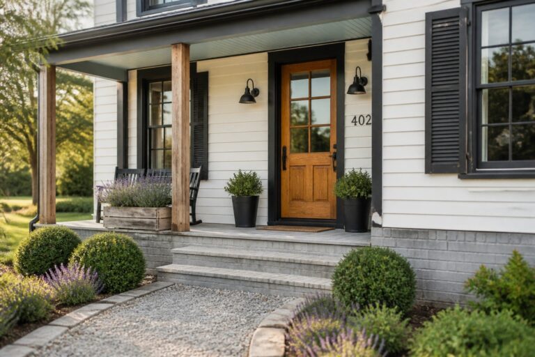 White house porch with wooden door, black lights, potted plants, and gravel path