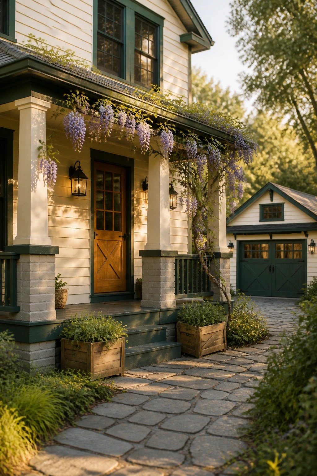 White farmhouse siding paired with deep green trim and accents.