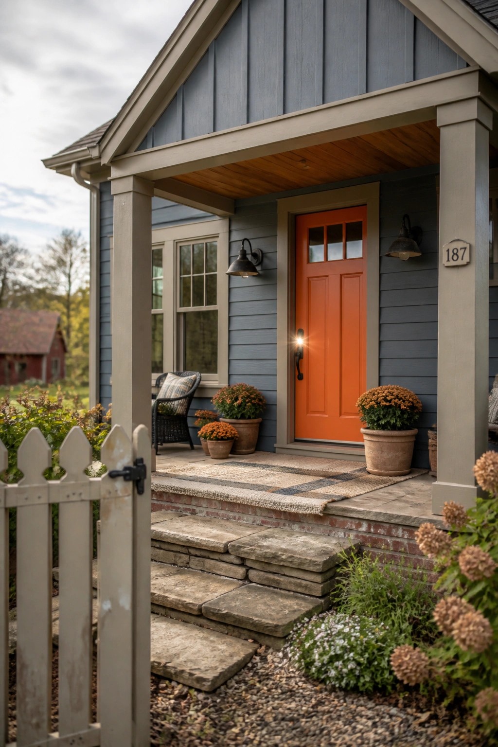 Gray house with orange door, stone steps, potted flowers, and white picket gate.