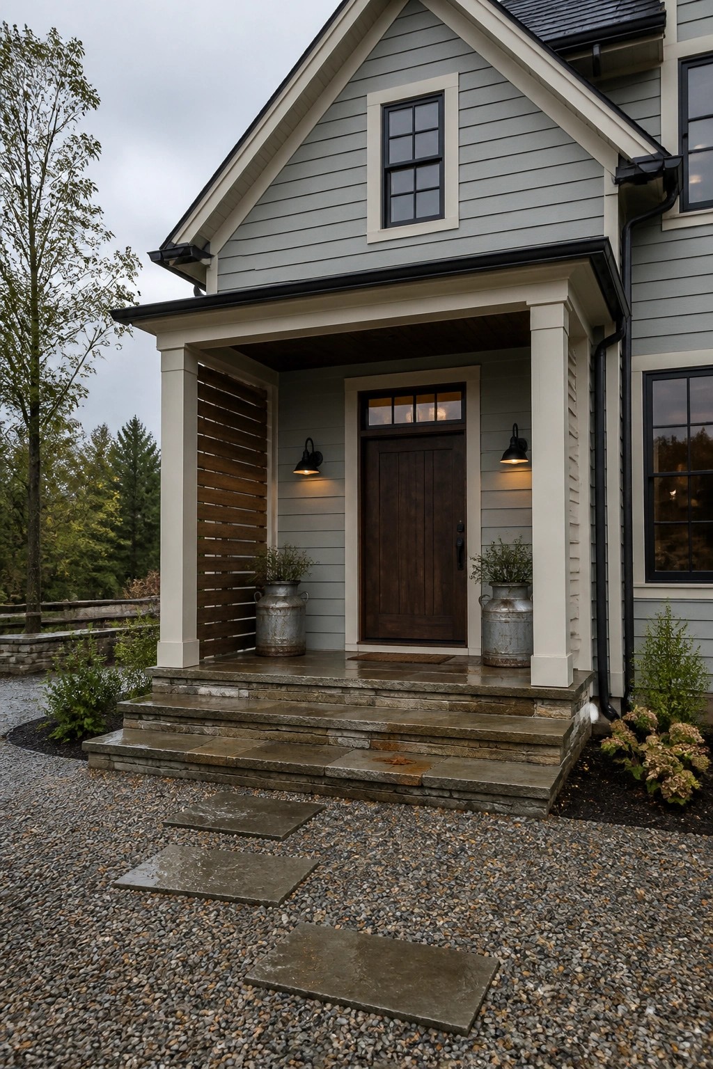 Farmhouse exterior painted in a soft blue gray with white trim.
