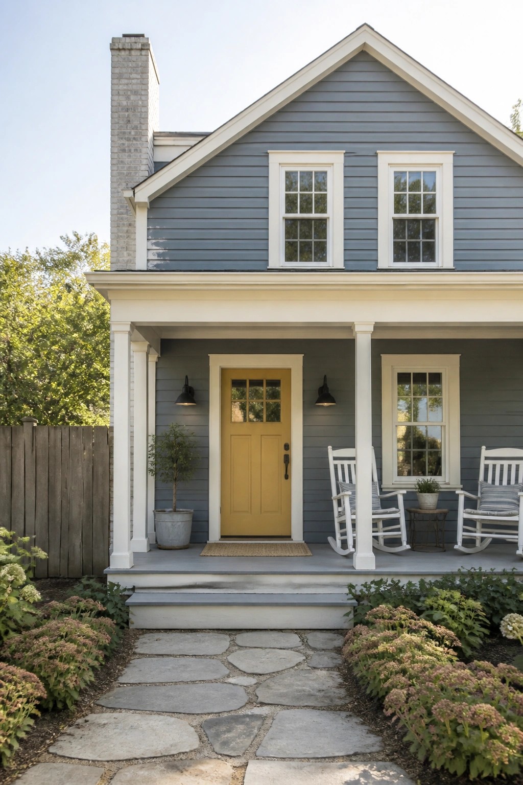 Blue gray siding on a two story farmhouse with white trim and a yellow front door.