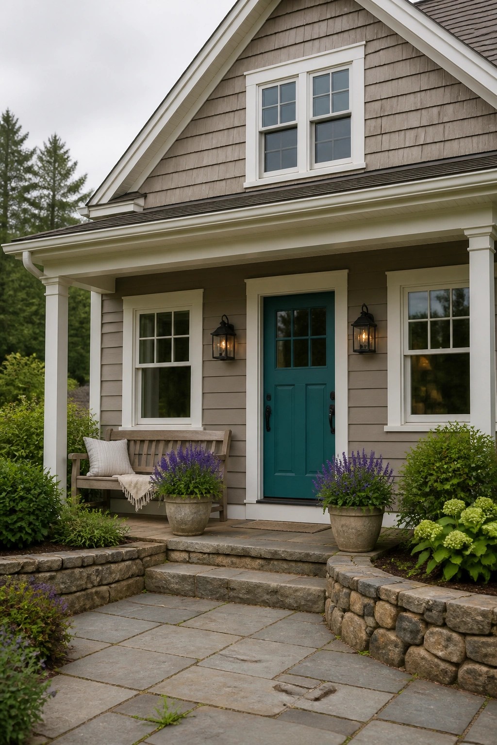 Gray house with teal door, porch bench, potted purple flowers, and stone steps.