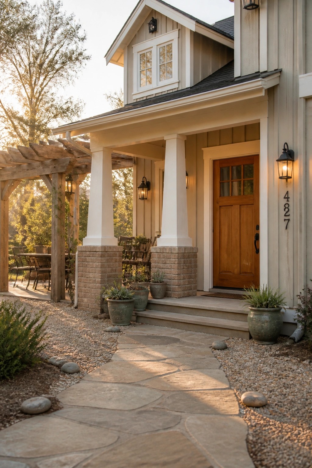 A farmhouse exterior with soft greige siding and white trim.