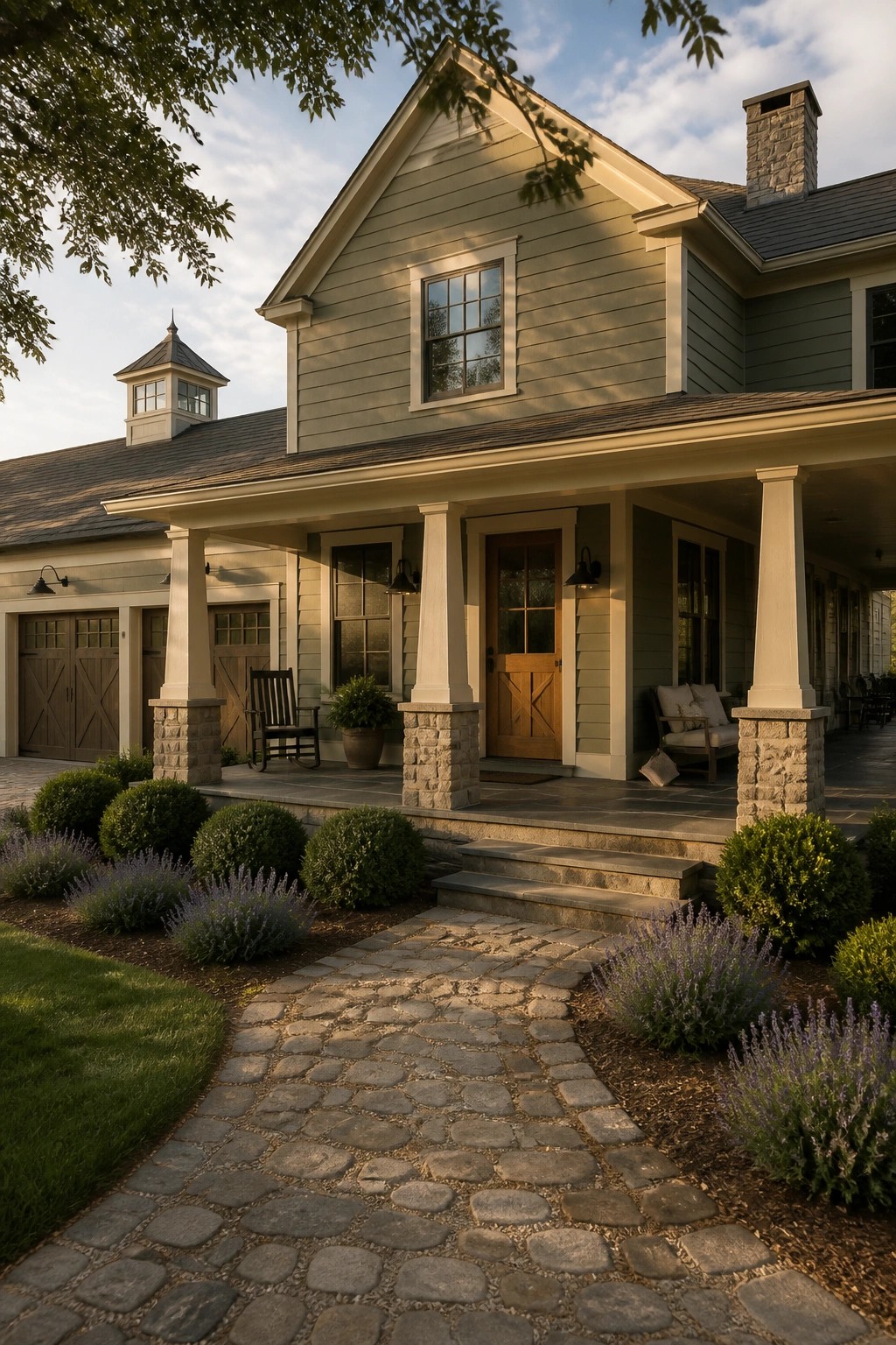 Stone pathway to green house with porch, stone pillars, and lush garden shrubs