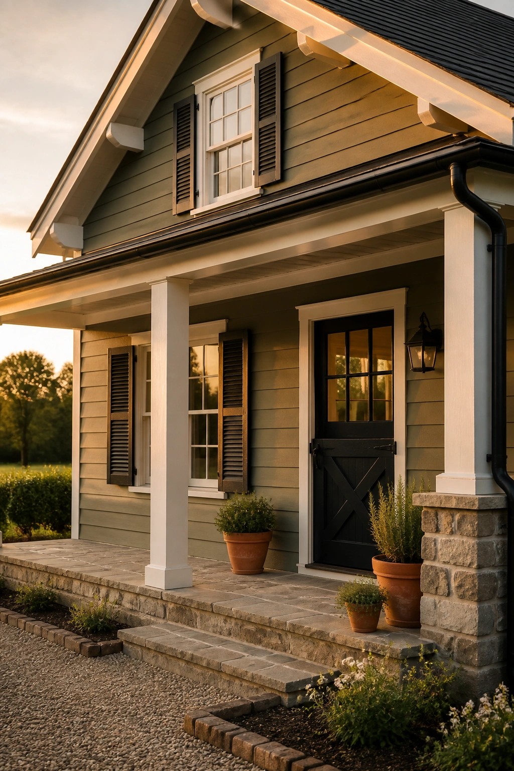 Farmhouse exterior with muted sage green siding and white trim.