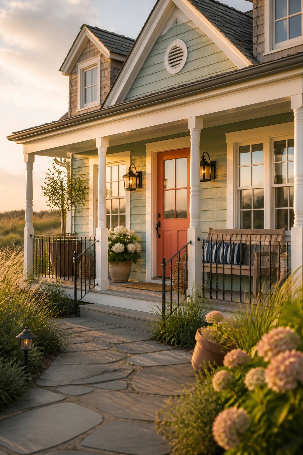 A farmhouse with soft sage green siding and white trim.